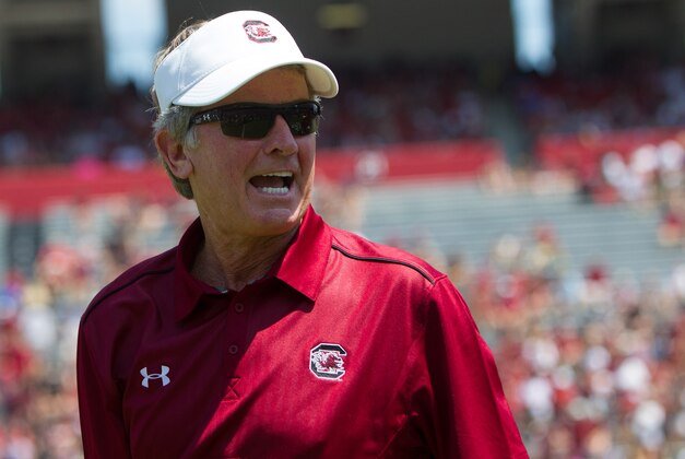 Apr 12, 2014; Columbia, SC, USA; South Carolina Gamecocks head coach Steve Spurrier during half time of the South Carolina spring game at Williams-Brice Stadium. Mandatory Credit: Joshua S. Kelly-USA TODAY Sports