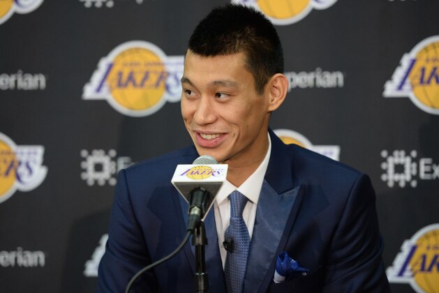 EL SEGUNDO, CA - JULY 24: Jeremy Lin #17 of the Los Angeles Lakers speaks to the media during a press conference on July 24, 2014 at the Toyota Sports Center in El Segundo, California. NOTE TO USER: User expressly acknowledges and agrees that, by downloading and/or using this photograph, user is consenting to the terms and conditions of the Getty Images License Agreement.  Mandatory Copyright Notice: Copyright 2014 NBAE (Photo by Andrew D. Bernstein/NBAE via Getty Images)