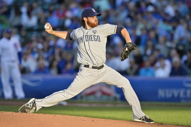 CHICAGO, IL - JULY 23:  Starting pitcher Ian Kennedy #22 of the San Diego Padres delivers a pitch during the first inning against the Chicago Cubs at Wrigley Field on July 23, 2014 in Chicago, Illinois.  (Photo by Brian Kersey/Getty Images)