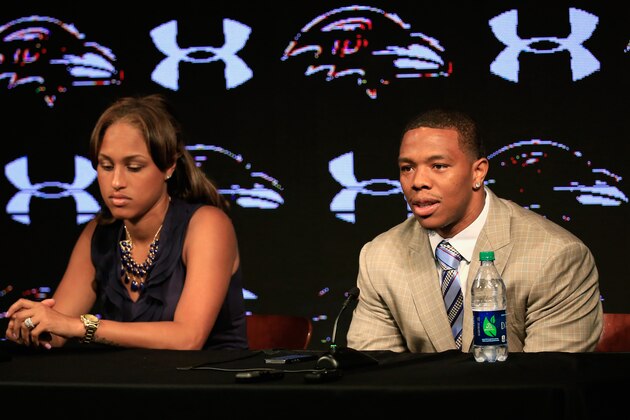 OWINGS MILLS, MD - MAY 23:  Running back Ray Rice of the Baltimore Ravens addresses a news conference with his wife Janay at the Ravens training center on May 23, 2014 in Owings Mills, Maryland. Rice spoke publicly for the first time since facing felony assault charges stemming from a February incident involving Janay at an Atlantic City casino.  (Photo by Rob Carr/Getty Images)
