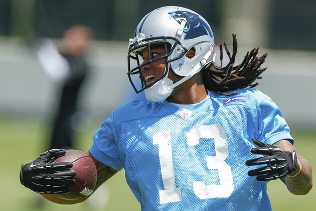 Carolina Panthers' Kelvin Benjamin (13) smiles after making a catch at NFL football rookie minicamp in Charlotte, N.C., Saturday, May 17, 2014. (AP Photo/Chris Keane)