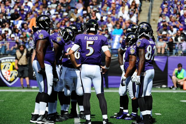 Sep 15, 2013; Baltimore, MD, USA; Baltimore Ravens huddle against the Cleveland Browns during the first half at M&T Bank Stadium. Mandatory Credit: Brad Mills-USA TODAY Sports