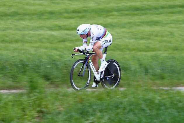 NEUCHATEL, SWITZERLAND - MAY 04:  Tony Martin of Germany and Omega Pharma-Quick Step on his way to claiming second place during the 18.5km individual time trial stage five of the Tour de Romandie from Neuchatel to Neuchatel on May 4, 2014 in Neuchatel, Switzerland.  (Photo by Michael Steele - Velo/Getty Images)