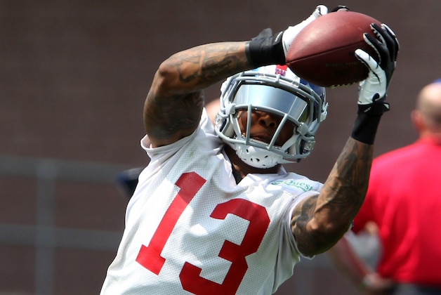 Jul 22, 2014; East Rutherford, NJ, USA;   New York Giants wide receiver Odell Beckham Jr. catches a pass during training camp at Quest Diagnostics Training Center. Mandatory Credit: Noah K. Murray-USA TODAY Sports