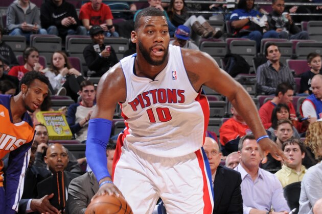 AUBURN HILLS, MI - JANUARY 11:  Greg Monroe #10 of the Detroit Pistons handles the ball against the Phoenix Suns on January 11, 2014 at The Palace of Auburn Hills in Auburn Hills, Michigan. NOTE TO USER: User expressly acknowledges and agrees that, by downloading and/or using this photograph, User is consenting to the terms and conditions of the Getty Images License Agreement.  Mandatory Copyright Notice: Copyright 2014 NBAE (Photo by D. Williams/Einstein/NBAE via Getty Images)