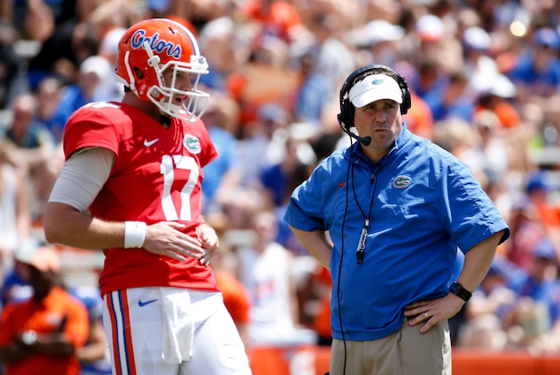 Apr 12, 2014; Gainesville, FL, USA; Florida Gators head coach Will Muschamp looks on with quarterback Skyler Mornhinweg (17) during the first half of the spring game at Ben Hill Griffin Stadium. Mandatory Credit: Rob Foldy-USA TODAY Sports Apr 12, 2014; Gainesville, FL, USA; Florida Gators head coach Will Muschamp looks on with quarterback Skyler Mornhinweg (17) during the first half of the spring game at Ben Hill Griffin Stadium. Mandatory Credit: Rob Foldy-USA TODAY Sports