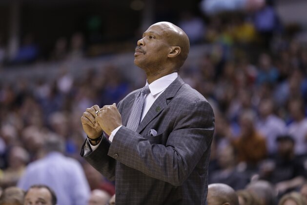 Cleveland Cavaliers head coach Byron Scott in the first half of an NBA basketball game against the Indiana Pacers in Indianapolis, Tuesday, April 9, 2013.  (AP Photo/Michael Conroy)