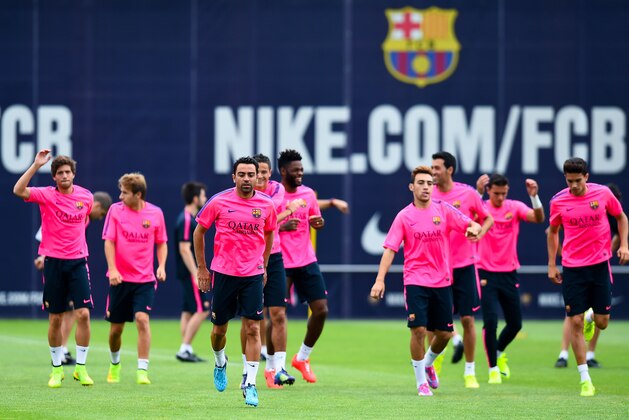 BARCELONA, SPAIN - JULY 25:  FC Barcelona players in action during a training session at Ciutat Esportiva de Sant Joan Despi on July 25, 2014 in Barcelona, Spain.  (Photo by David Ramos/Getty Images)