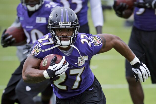 Baltimore Ravens running back Ray Rice runs a drill during a training camp practice, Thursday, July 24, 2014, at the team's practice facility in Owings Mills, Md. (AP Photo)