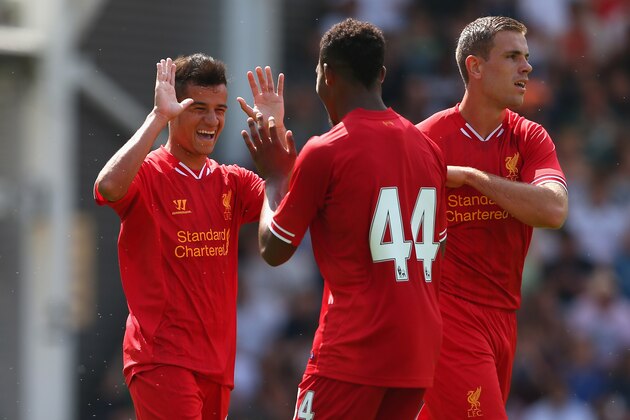 PRESTON, LANCASHIRE - JULY 13: Philippe Coutinho of Liverpool celebrates with Jordan Ibe after scoring the first goal during the Pre Season Friendly match between Preston North End and Liverpool at Deepdale on July 13, 2013 in Preston, Lancashire. (Photo by Alex Livesey/Getty Images) PRESTON, LANCASHIRE - JULY 13: Philippe Coutinho of Liverpool celebrates with Jordan Ibe after scoring the first goal during the Pre Season Friendly match between Preston North End and Liverpool at Deepdale on July 13, 2013 in Preston, Lancashire. (Photo by Alex Livesey/Getty Images)