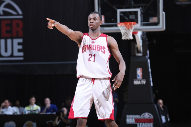 LAS VEGAS, NV - JULY 17: Andrew Wiggins #21 of the Cleveland Cavaliers on the court against the Houston Rockets at the Samsung NBA Summer League 2014 on July 17, 2014 at the Thomas & Mack Center in Las Vegas, Nevada. NOTE TO USER: User expressly acknowledges and agrees that, by downloading and or using this photograph, User is consenting to the terms and conditions of the Getty Images License Agreement. Mandatory Copyright Notice: Copyright 2014 NBAE (Photo by Jack Arent/NBAE via Getty Images)
