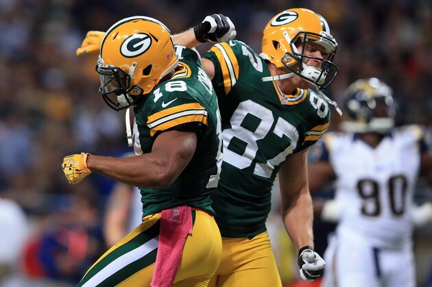 ST LOUIS, MO - OCTOBER 21:  Wide receiver Randall Cobb #18 of the Green Bay Packers celebrates his 39 yard touchdown reception against the St. Louis Rams with wide receiver Jordy Nelson #87 of the Green Bay Packers in the fourth quarter at Edward Jones Dome on October 21, 2012 in St Louis, Missouri. The Packers defeated the Rams 30-20.  (Photo by Doug Pensinger/Getty Images)