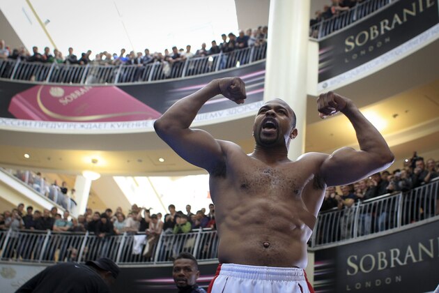 Roy Jones Jr of the United States gestures during the open to public training session in Moscow, Russia, Tuesday, May 17, 2011. Russia's Denis Lebedev and Roy Jones Jr of the United States will meet in a light heavyweight fight at Megasport Arena in Moscow on May 21, 2011.(AP Photo/Sergey Ponomarev)