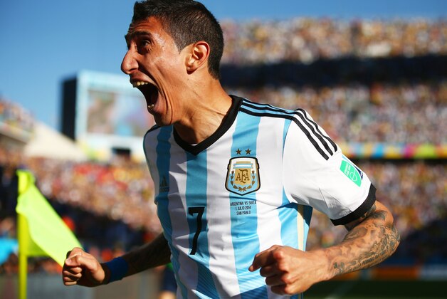 SAO PAULO, BRAZIL - JULY 01:  Angel di Maria of Argentina celebrates scoring his team's first goal in extra time during the 2014 FIFA World Cup Brazil Round of 16 match between Argentina and Switzerland at Arena de Sao Paulo on July 1, 2014 in Sao Paulo, Brazil.  (Photo by Julian Finney/Getty Images)