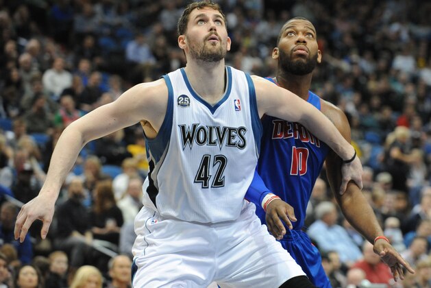 Mar 7, 2014; Minneapolis, MN, USA; Minnesota Timberwolves forward Kevin Love (42) boxes out Detroit Pistons forward Greg Monroe (10) during the first half at Target Center. The Wolves defeated the Pistons 114-101.  Mandatory Credit: Marilyn Indahl-USA TODAY Sports