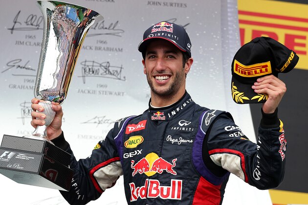 BUDAPEST, HUNGARY - JULY 27:  Daniel Ricciardo of Australia and Infiniti Red Bull Racing celebrates victory with the trophy on the podium after the Hungarian Formula One Grand Prix at Hungaroring on July 27, 2014 in Budapest, Hungary.  (Photo by Mark Thompson/Getty Images)