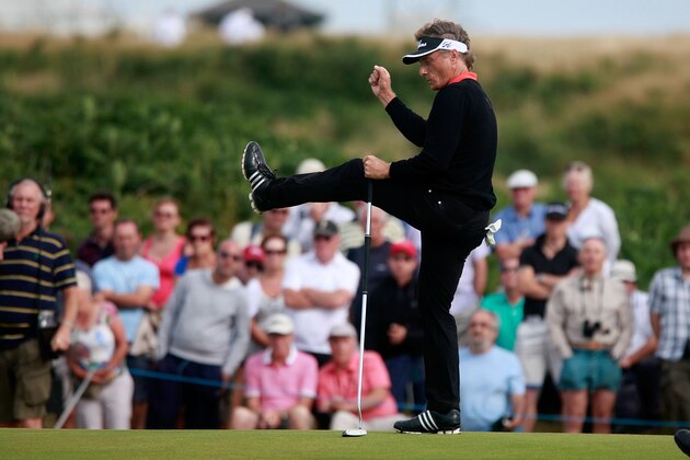 BRIDGEND, WALES - JULY 27:  Bernhard Langer of Germany in action during the  final round of the Senior Open Championship played at Royal Porthcawl Golf Club on July 27, 2014 in Bridgend, United Kingdom.  (Photo by Phil Inglis/Getty Images)
