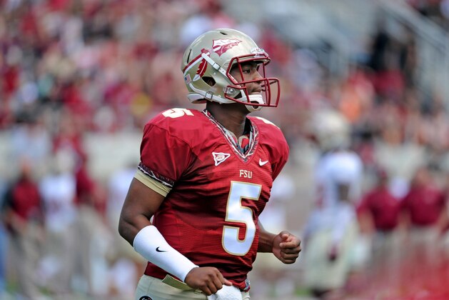 Apr 12, 2014; Tallahassee, FL, USA; Florida State Seminoles quarterback Jameis Winston (5) during the spring game at Doak Campbell Stadium. Mandatory Credit: Melina Vastola-USA TODAY Sports