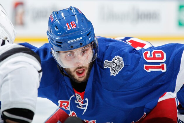 NEW YORK, NY - JUNE 11:  Derick Brassard #16 of the New York Rangers looks on during a face-off against the Los Angeles Kings during Game Four of the 2014 NHL Stanley Cup Final at Madison Square Garden on June 11, 2014 in New York City. The New York Rangers won 2-1. (Photo by Scott Levy/NHLI via Getty Images)