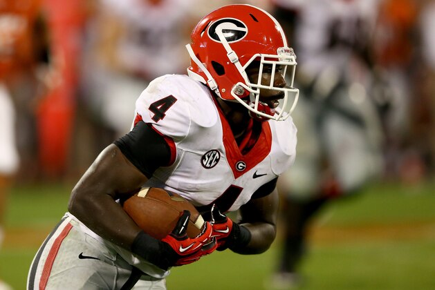 CLEMSON, SC - AUGUST 31:  Keith Marshall #4 of the Georgia Bulldogs during their game at Memorial Stadium on August 31, 2013 in Clemson, South Carolina.  (Photo by Streeter Lecka/Getty Images)