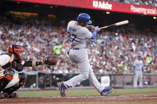 Los Angeles Dodgers' Matt Kemp (27) hits a single during the fifth inning of a baseball game against the San Francisco Giants, Saturday, July 26, 2014, in San Francisco. (AP Photo/Beck Diefenbach)
