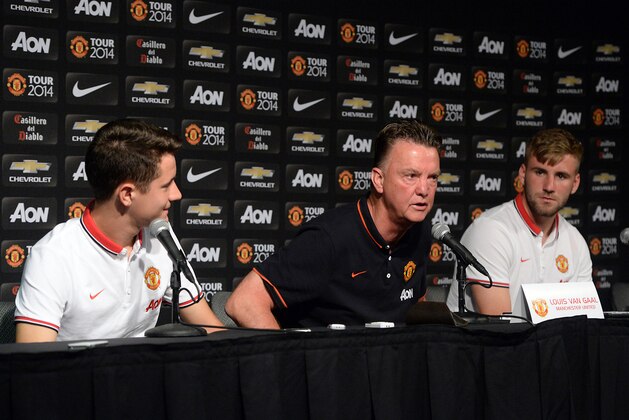 Jul 22, 2014; Pasadena, CA, USA; Manchester United midfielder Ander Herrera, head coach Louis Van Gaal and defender Luke Shaw talk to the media during a press conference a day before the game against the Los Angeles Galaxy at the Rose Bowl. Mandatory Credit: Jayne Kamin-Oncea-USA TODAY Sports