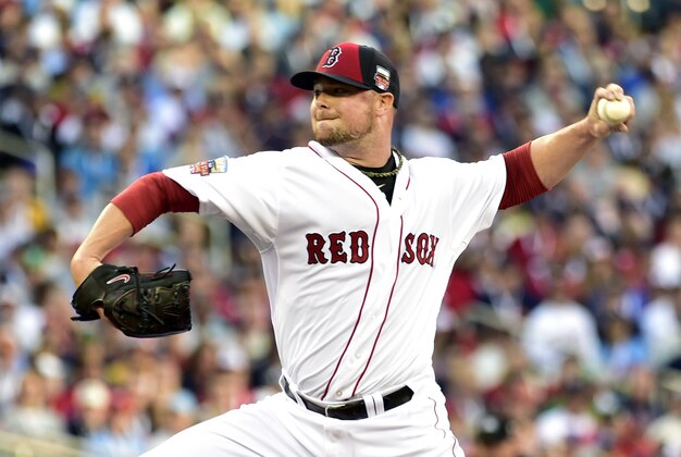 Jul 15, 2014; Minneapolis, MN, USA; American League pitcher Jon Lester (31) of the Boston Red Sox throws a pitch in the second inning during the 2014 MLB All Star Game at Target Field. Mandatory Credit: Scott Rovak-USA TODAY Sports