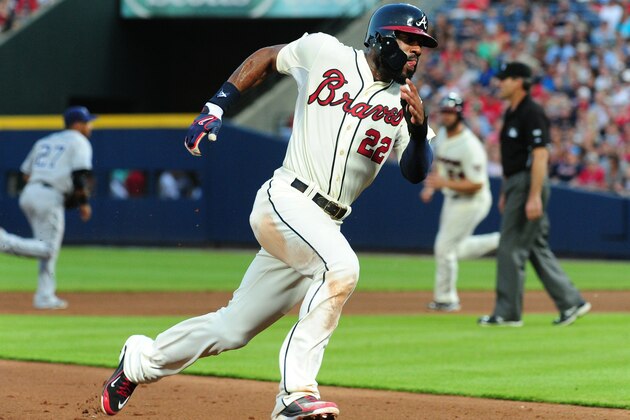 ATLANTA, GA - JULY 26: Jason Heyward #22 of the Atlanta Braves rounds third base to score a fourth inning run against the San Diego Padres at Turner Field on July 26, 2014 in Atlanta, Georgia. (Photo by Scott Cunningham/Getty Images)