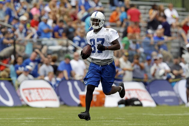 Indianapolis Colts wide receiver Reggie Wayne during the NFL team's football training camp in Anderson, Ind., Friday, July 25, 2014.  (AP Photo/Michael Conroy)