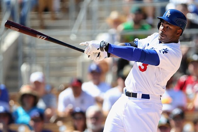 GLENDALE, AZ - MARCH 10:  Carl Crawford #3 of the Los Angeles Dodgers bats against the Oakland Athletics during the spring training game at Camelback Ranch on March 10, 2014 in Glendale, Arizona.  (Photo by Christian Petersen/Getty Images)