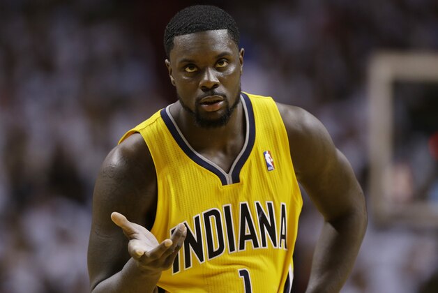 Indiana Pacers guard Lance Stephenson (1) gestures during the second half of Game 3 in the NBA basketball Eastern Conference finals playoff series against the Miami Heat, Saturday, May 24, 2014, in Miami. (AP Photo/Lynne Sladky)