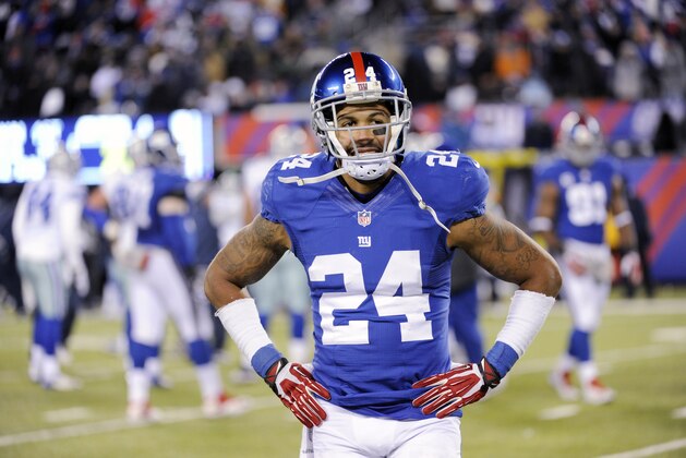 New York Giants cornerback Terrell Thomas (24) reacts after the Dallas Cowboys defeated the Giants, 24-21, in an NFL football game, Sunday, Nov. 24, 2013, in East Rutherford, N.J. (AP Photo/Bill Kostroun)