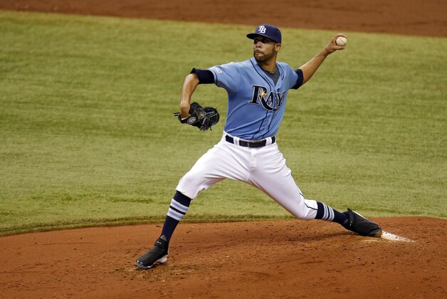 Tampa Bay Rays starting pitcher David Price throws during the fourth inning of a baseball game against the Toronto Blue Jays on Sunday, July 13, 2014, in St. Petersburg, Fla. (AP Photo/Mike Carlson)