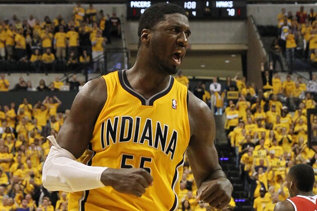 May 3, 2014; Indianapolis, IN, USA; Indiana Pacers center Roy Hibbert (55) celebrates during the fourth quarter against the Atlanta Hawks in game seven of the first round of the 2014 NBA Playoffs at Bankers Life Fieldhouse. Indiana won 92-80. Mandatory Credit: Pat Lovell-USA TODAY Sports