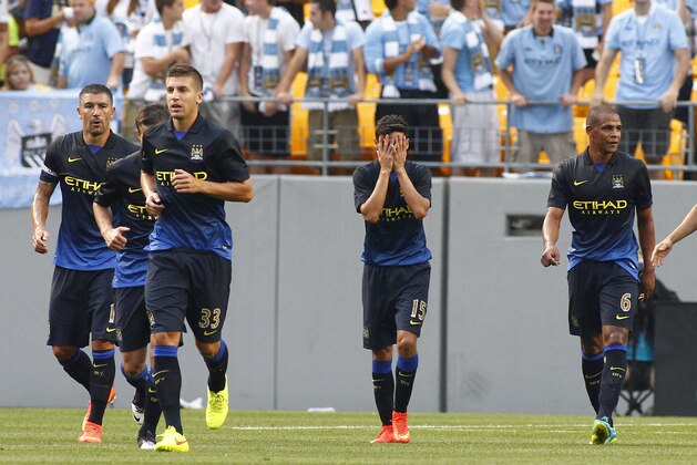 PITTSBURGH, PA - JULY 27:  Jess Navas #15 of Manchester City reacts after scoring a goal in the first half against AC Milan during International Champions Cup 2014 at Heinz Field on July 27, 2014 in Pittsburgh, Pennsylvania.  (Photo by Justin K. Aller/Getty Images)