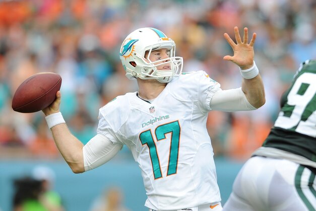 Dec 29, 2013; Miami Gardens, FL, USA; Miami Dolphins quarterback Ryan Tannehill (17) throws a pass against the New York Jets during the first half at Sun Life Stadium. Mandatory Credit: Steve Mitchell-USA TODAY Sports