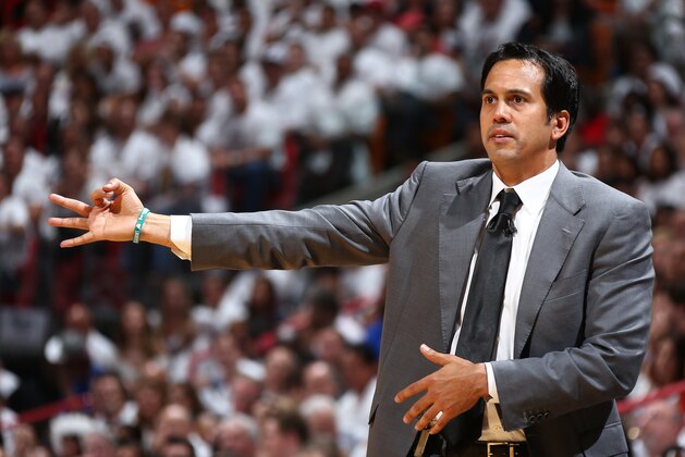 MIAMI, FL - JUNE 10: Erik Spoelstra Head Coach of the Miami Heat directs the team against the San Antonio Spurs during Game Three of the 2014 NBA Finals at American Airlines Arena in Miami, Florida on June 10, 2014.  NOTE TO USER: User expressly acknowledges and agrees that, by downloading and or using this photograph, User is consenting to the terms and conditions of the Getty Images License Agreement. Mandatory Copyright Notice: Copyright 2014 NBAE  (Photo by Nathaniel S. Butler/NBAE via Getty Images)