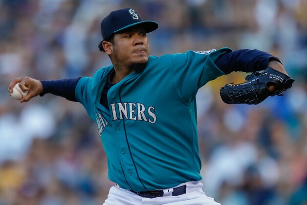 SEATTLE, WA - JULY 25:  Starting pitcher Felix Hernandez #34 of the Seattle Mariners pitches in the first inning against the Baltimore Orioles at Safeco Field on July 25, 2014 in Seattle, Washington.  (Photo by Otto Greule Jr/Getty Images)
