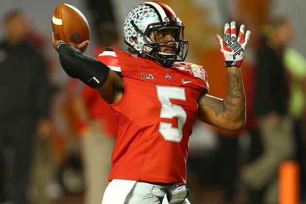 MIAMI GARDENS, FL - JANUARY 03:  Braxton Miller #5 of the Ohio State Buckeyes warms up prior to the Discover Orange Bowl against the Clemson Tigers at Sun Life Stadium on January 3, 2014 in Miami Gardens, Florida.  (Photo by Streeter Lecka/Getty Images)