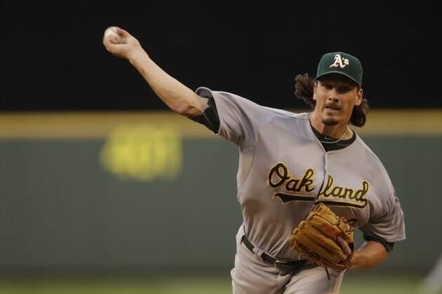 Oakland Athletics starting pitcher Jeff Samardzija throws against the Seattle Mariners during a baseball game, Friday, July 11, 2014, in Seattle. (AP Photo/Ted S. Warren) Oakland Athletics starting pitcher Jeff Samardzija throws against the Seattle Mariners during a baseball game, Friday, July 11, 2014, in Seattle. (AP Photo/Ted S. Warren)