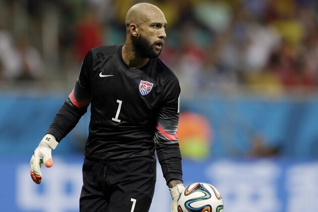 United States' goalkeeper Tim Howard gets ready to kick the ball during the World Cup round of 16 soccer match between Belgium and the USA at the Arena Fonte Nova in Salvador, Brazil, Tuesday, July 1, 2014. (AP Photo/Natacha Pisarenko)