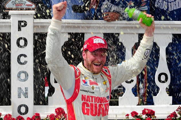 LONG POND, PA - JUNE 08:  Dale Earnhardt Jr., driver of the #88 National Guard Chevrolet, celebrates in Victory Lane after winning during the NASCAR Sprint Cup Series Pocono 400 at Pocono Raceway on June 8, 2014 in Long Pond, Pennsylvania.  (Photo by Jeff Curry/Getty Images)