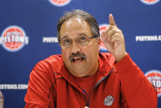 Stan Van Gundy, Detroit Pistons head coach and president of basketball operations, speaks about the NBA basketball draft during a news conference Tuesday, June 24, 2014, in Auburn Hills, Mich. Van Gundy has a plan to turn around the Pistons and it probably will not include this year's draft because the once-proud franchise does not have a first-round pick. (AP Photo/Paul Sancya)