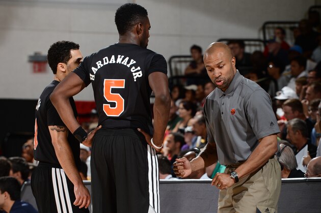 LAS VEGAS, NV - JULY 11: Head coach Derek Fisher of the New York Knicks speaks with Shane Larkin #0 and Tim Hardaway Jr. #5 against the Dallas Mavericks at the Samsung NBA Summer League 2014 on July 11, 2014 at the Cox Pavilion in Las Vegas, Nevada. NOTE TO USER: User expressly acknowledges and agrees that, by downloading and or using this photograph, User is consenting to the terms and conditions of the Getty Images License Agreement. Mandatory Copyright Notice: Copyright 2014 NBAE  (Photo by Garrett Ellwood/NBAE via Getty Images)