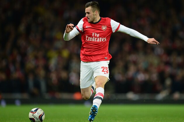LONDON, ENGLAND - OCTOBER 29:  Carl Jenkinson of Arsenal in action during the Capital One Cup Fourth Round match between Arsenal and Chelsea at the Emirates Stadium on October 29, 2013 in London, England.  (Photo by Jamie McDonald/Getty Images)