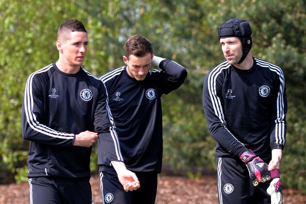 COBHAM, ENGLAND - APRIL 21:  Fernando Torres, Mitchell Beeney and Petr Cech during the Chelsea Training Serssion at Chelsea Training Ground on April 21, 2014 in Cobham, England.  (Photo by Christopher Lee/Getty Images)