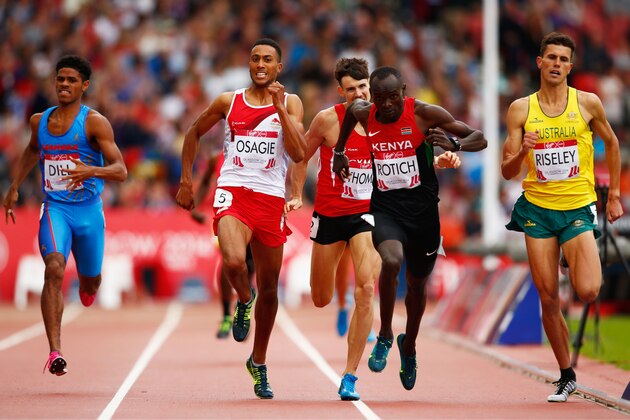GLASGOW, SCOTLAND - JULY 29: (L-R) Andrew Osagie of England, Joe Thomas of Wales, Ferguson Rotich of Kenya and Jeffrey Riseley of Australia sprint to the finish in the Men's 800 metres heats at Hampden Park during day six of the Glasgow 2014 Commonwealth Games on July 29, 2014 in Glasgow, United Kingdom. (Photo by Clive Rose/Getty Images) GLASGOW, SCOTLAND - JULY 29: (L-R) Andrew Osagie of England, Joe Thomas of Wales, Ferguson Rotich of Kenya and Jeffrey Riseley of Australia sprint to the finish in the Men's 800 metres heats at Hampden Park during day six of the Glasgow 2014 Commonwealth Games on July 29, 2014 in Glasgow, United Kingdom. (Photo by Clive Rose/Getty Images)
