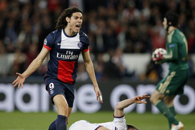 PSG's Edinson Cavani reacts during the Champions League quarterfinal first leg soccer match between PSG and Chelsea, at the Parc des Princes stadium, in Paris, Wednesday, April 2, 2014. (AP Photo/Christophe Ena)