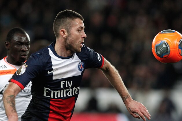 Paris Saint Germain's Jeremy Menez controls the ball, during his French League one soccer match against Valenciennes, at the Parc des Princes stadium, in Paris, Friday, Feb. 14, 2014. (AP Photo/Thibault Camus)