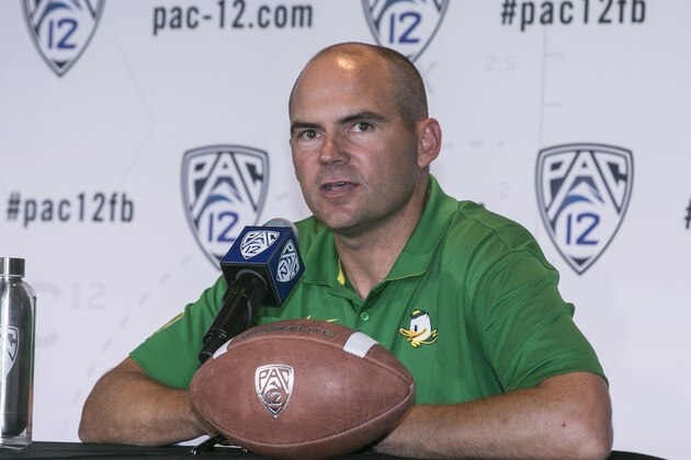 Oregon head coach Mark Helfrich takes questions at the Pac-12 NCAA college football media days at Paramount Studios in Los Angeles, Wednesday, July 23, 2014. (AP Photo) Oregon head coach Mark Helfrich takes questions at the Pac-12 NCAA college football media days at Paramount Studios in Los Angeles, Wednesday, July 23, 2014. (AP Photo)